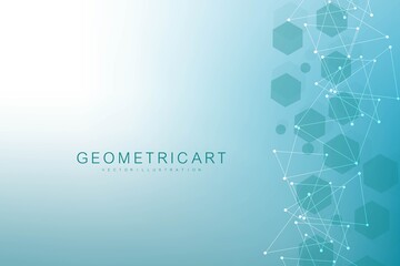 Science network pattern, connecting lines and dots. Technology hexagons structure or molecular connect elements.