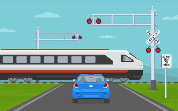 Car stops at railroad crossing sign while express passenger train is approaching.Flat vector illustration.
