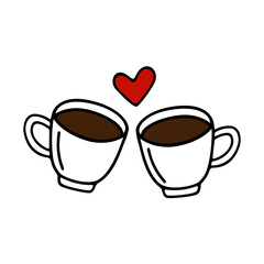 Two large mug of coffee or cocoa hand-drawn for lovers. Vector illustration in doodle style black outline with red and brown elements on a white background