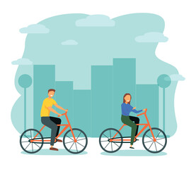 Man and Woman Characters Riding Bicycle in the City Background. Active People Enjoying Bike Ride in the Park. Healthy Lifestyle, Eco Transportation. Vector Illustration