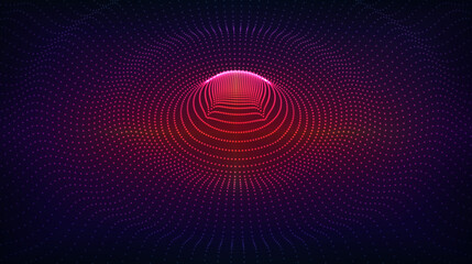 Vector abstract background. Radial wave, surge, oscillations. Array of glowing dots on a dark background. - obrazy, fototapety, plakaty