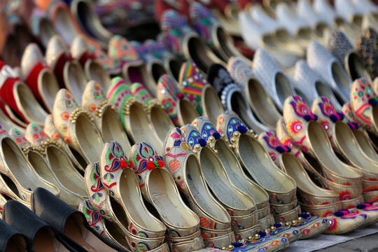 Indian traditional shoes for women. jaipur, Rajasthan India, March 2018. handmade Traditional Indian shoes. Colorful footwear. rajasthani juti at a street market.