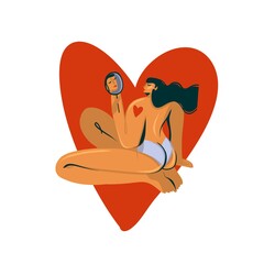 Hand drawn vector stock abstract graphic illustration with young naked girl looking herself in the mirror and big heart isolated on white background