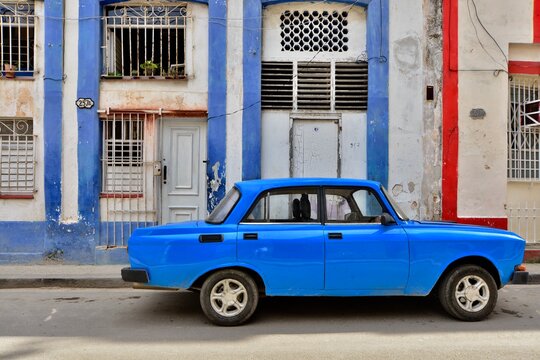 Vintage blue car in the street of Cuba