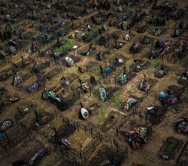 Aerial view of fresh graves in the Butovo cemetery on the outskirts of Moscow on June 11, 2020.