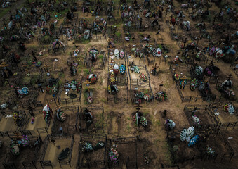 Aerial view of fresh graves in the Butovo cemetery on the outskirts of Moscow on June 11, 2020.