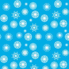 vector snow pattern on blue background. white snowflakes of different shapes.