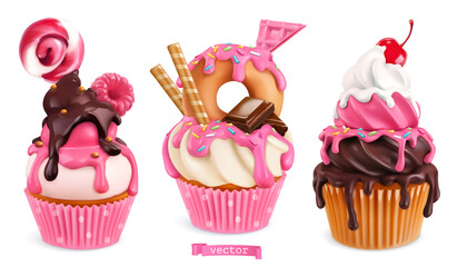 Naklejki  Babeczki z malinami, pączkiem, czekoladą. 3D realistyczne wektor słodkie desery. Ikony żywności