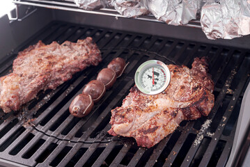 Grilled beef steak with skewer black pudding