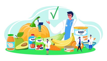 Baby food control, approved by doctor, vector illustration. Natural product examination, confirm tasty fresh vegetable. People character accepted food, checkmark for child care nutrition.