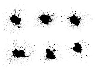 Grunge paint stains set. Ink splatter design elements. Spray splashes collection. Liquid stains isolated. Abstract vector illustration.
