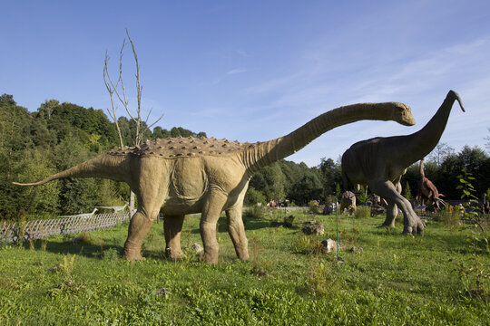KRASIEJOW, POLAND - JUNE 10, 2017: JuraPark in Krasiejow, Poland. The reconstructions of dinosaurs are close to the original and of natural size in the Educational Path of the park.
