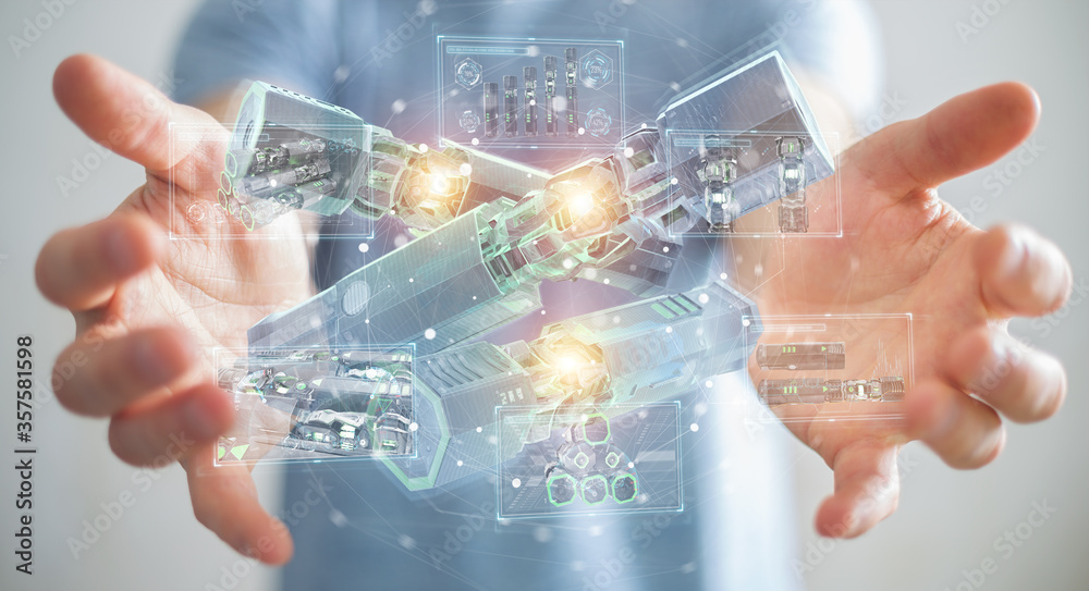 Poster man holding and touching green renewable energy battery 3d rendering