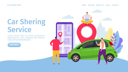 Fototapeta premium Carsharing service, vector illustration. Mobile application for rent car, share transport online at flat smartphone website banner. Map at electronic device, people search car location.