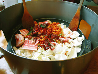 Dak-galbi, or spicy stir-fried chicken, is a popular Korean dish made by stir-frying marinated diced chicken