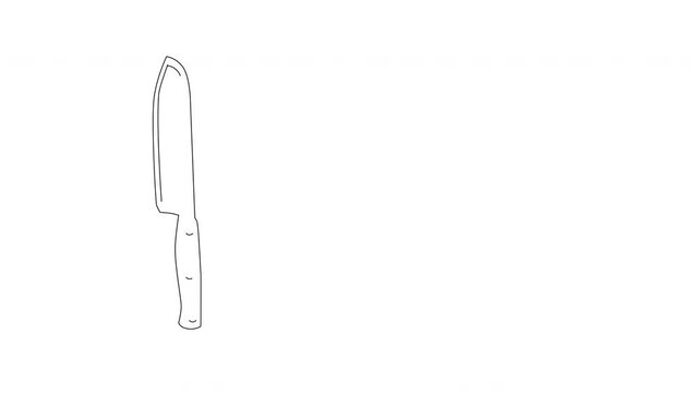 Self drawing animation of chef's knife. Line art. Copy space. White background.