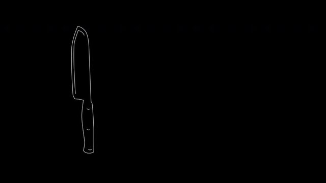 Self drawing animation of chef's knife. Line art. Copy space. Black background.