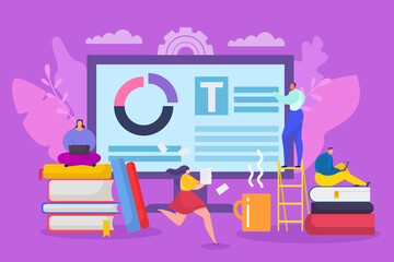 Copywriting flat blog business concept, vector illustration. design content marketing online,creative web writer man woman character. Internet media article on cartoon computer large screen.