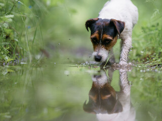 White hunting dog Jack Russell Terrier chasing through the woods and puddles among the trees, the dog catching the trail.