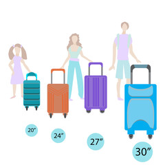 The concept of family travel. Choosing the size of a suitcase, for a child, a woman and a man. Dad, mom and daughter and their Luggage bags of different sizes. Vector illustration in flat style.