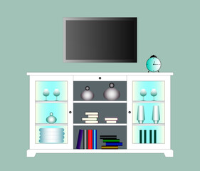 Illustration. A large black widescreen TV and a white wooden sideboard sideboard in a bright room. Isolated.