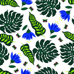 seamless pattern tropical flowers and leaves and butterflies vector illustration isolated on white background