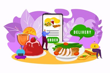 Food delivery app concept, vector illustration. Online mobile order service, internet business. People character choose food for flat fast deliver. Smartphone technology background.