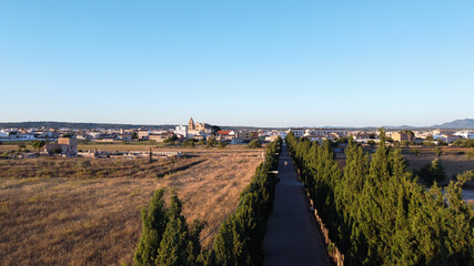 Obraz premium Aerial view of the village of Campos at sunset on a sunny day