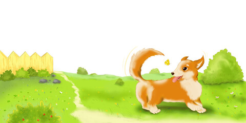 Naklejka premium raster colorful illustration of a small corgi chasing own tail on the yard.