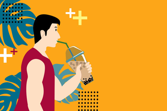 A man In red shirt is drinking bubble milk tea. He is on yellow background and monstera leaves.
