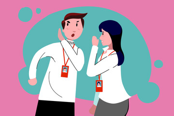 A man and a woman are gossiping about situations in their office.