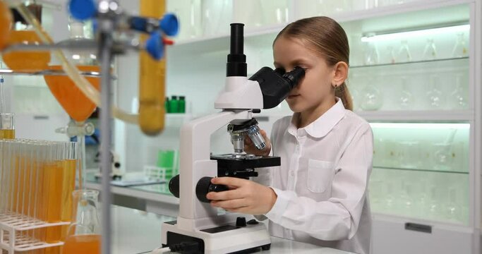 Kid Using Microscope in School Chemistry Laboratory, Student Child Studying in School Class, Girl Learning Microbiology Experiments in Classroom, Children Education, Educative View