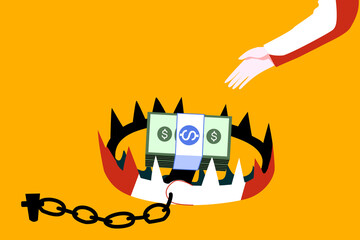 Illustration of stretching hands to pick up bank notes in a trap