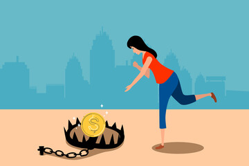 A woman is running to catch the coin in iron trap. She risk to lost her money from investments.