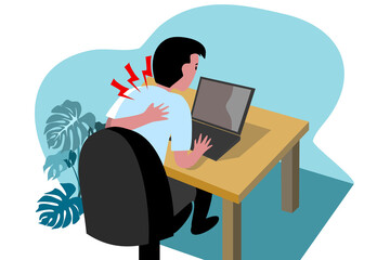 a bussiness man is touching on his back because of painful while working in the office. Illustration of office syndrome symptoms.