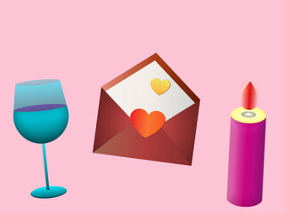 Briefumschlag mit Herzen und Glass wein mit rosa Kerze.