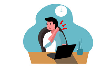 a bussiness man is touching on his neck because of painful while working in the office. Illustration of office syndrome symptoms.