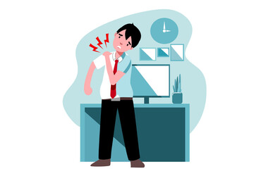a bussiness man is touching on his shoulder because of painful while working in the office. Illustration of office syndrome symptoms.
