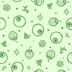 Seamless vector background wallpaper cute drawn blueberry strawberry flower plant berry pattern for fabric or textile print wrapping paper