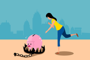 A woman is running to catch the piggy bank in iron trap. She risk to lost her saving money from investments.