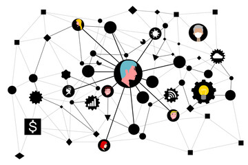 The Illustration of connection network between human and technology. Social networks are a community for sharing knowledge.