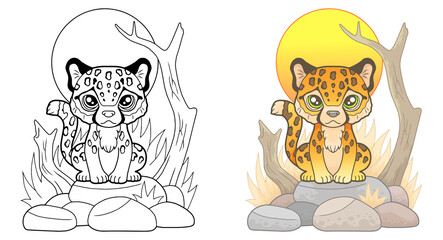cartoon little cute cheetah sitting, funny illustration