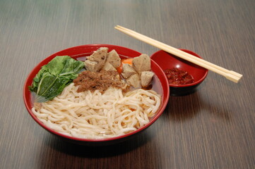 Chinese meat balls noodles soup bowl