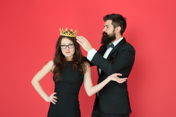 Prom queen. Bearded man crown sexy girl. Coronation party. Prom couple in formal style. Prom party. Holiday celebration. Pride and glory. Luxury reward. Future success. Ready for prom night © be free