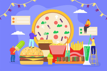 Street food cartoon concept, vector illustration. People character at flat cafe, man woman eating fastfood. Huge hot burger, junk meal and drink for lunch. Outdoor party background design.