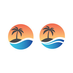Fototapeta na wymiar Palm, tropical island and sea or ocean wave in circle logo design. Tourism, exotic summer vacation or holiday colorful vector symbol.