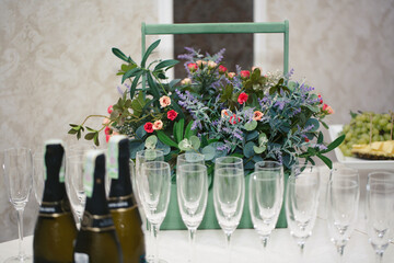 Set of blank empty wine glasses displayed in rows. Preparation for the holiday