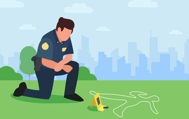 Policeman looks down over evidence and over chalk track of dead man by bullet on grass. Officer investigates crime cityscape. Thinking young modern detective character at crime scene. Copy space.