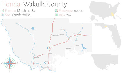 Large and detailed map of Wakulla county in Florida, USA.