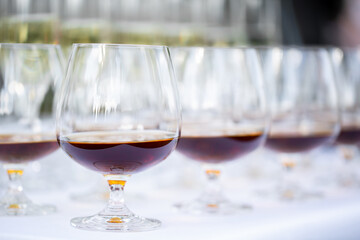 Glasses of alcohol close- up before a party in a cafe
